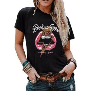 Women Vintage Rock Music Graphic Tee Cotton Blend Casual Short Sleeve Top